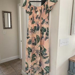 Peach Leaf Print Smocked Dress